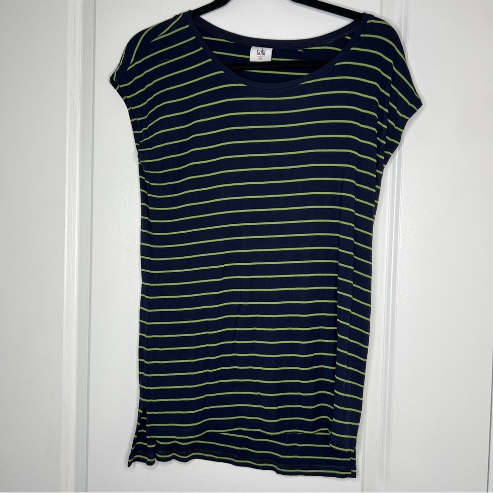CAbi‎ Ibiza Island Tunic Top Navy Blue Lime Green Striped Cap Sleeve Relaxed